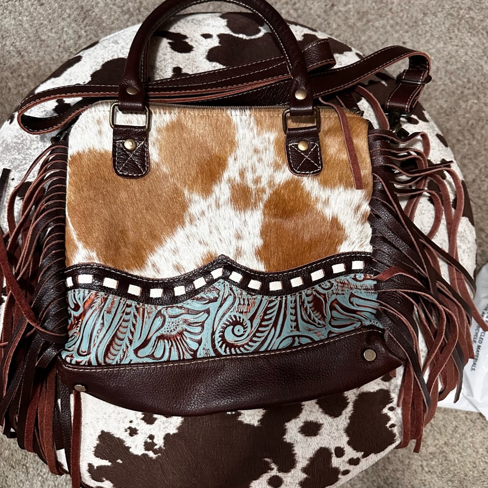Brown and Tan Fringe Leather Bag
